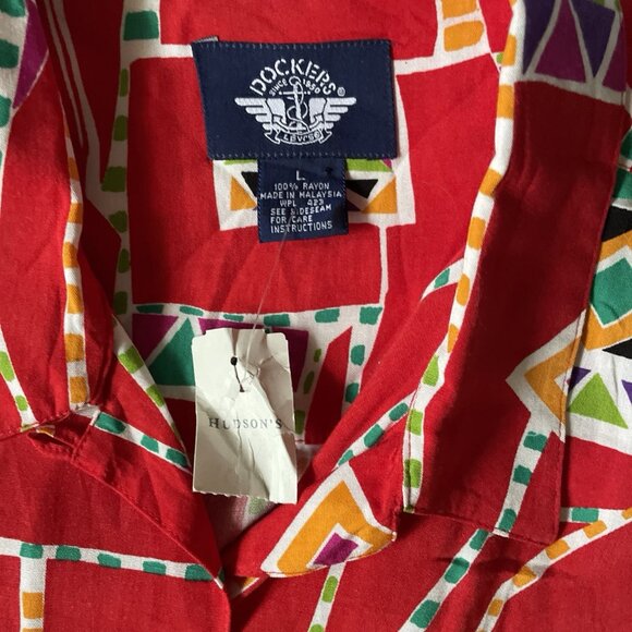 Vintage Dockers By Levis Red Geo 90's Button-Up Shirt L West Aztec Dead Stock - Picture 10 of 12